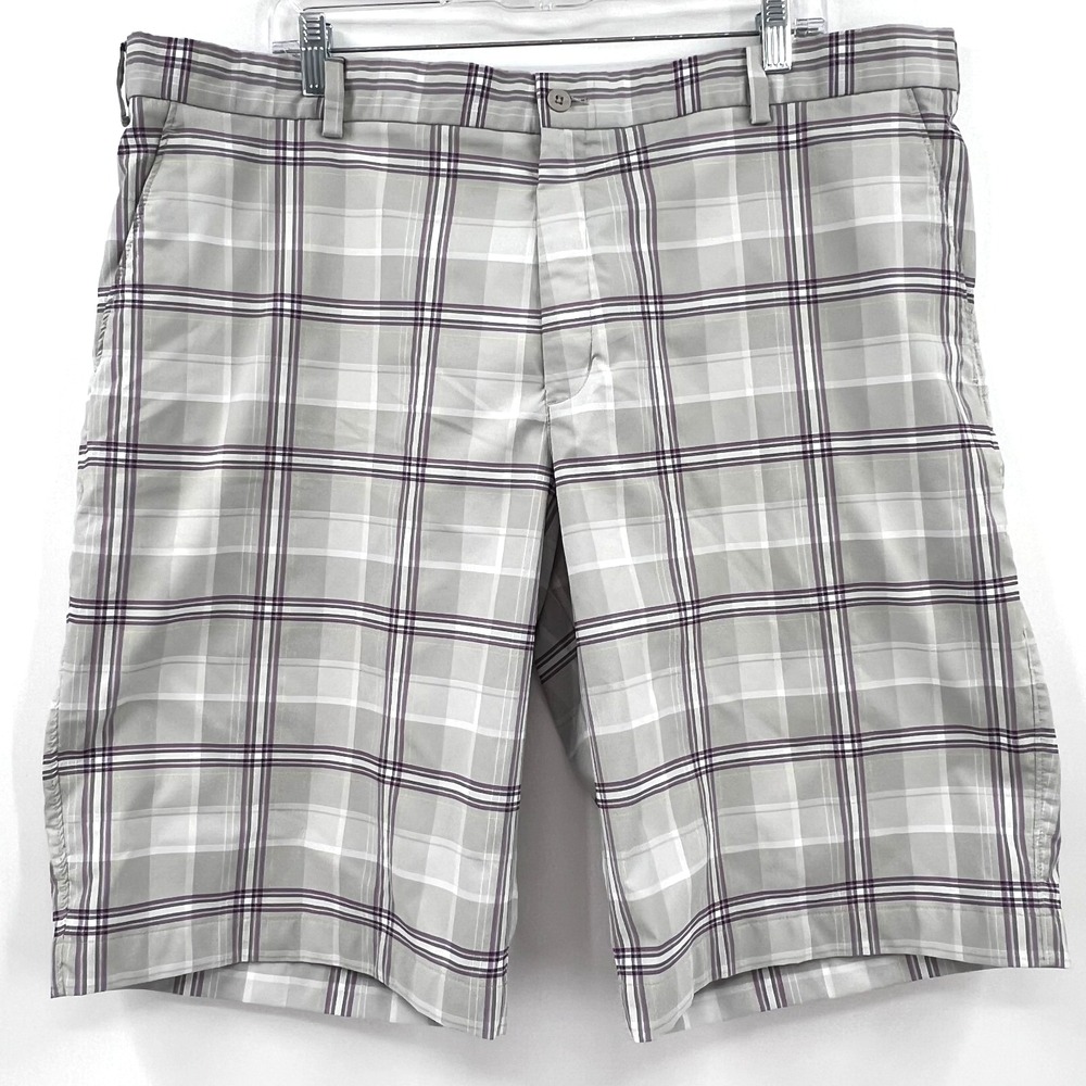 NIKE Dri-Fit Men's 42 Light Gray/Lavender Plaid 12" Flat-Front Chino Golf Shorts